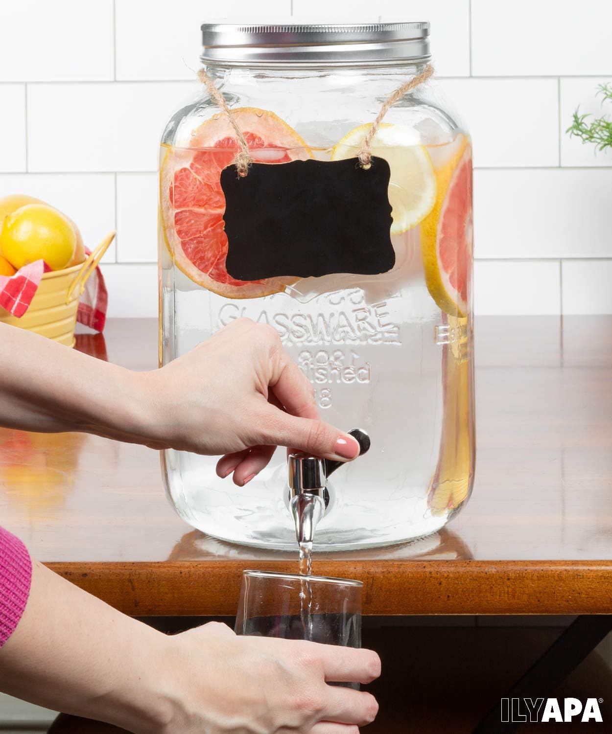 Ilyapa 2 Gallon Glass Beverage Dispenser, Metal Base, Stainless Steel Spigot & Hanging Chalkboard - for Lemonade, Tea, Cold Water & More