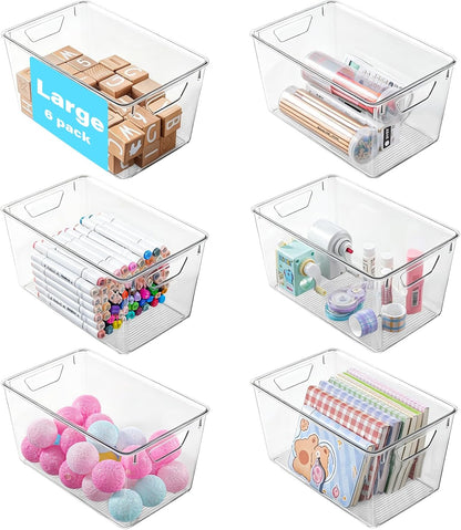 6 Pack Small Clear Storage Bins with Lids, Acrylic Arts and Craft Storage Containers, Stackable Clear Plastic Craft Storage Bins with Handles for Pantry Organizers and Storage, Kitchen, Fridge, Office