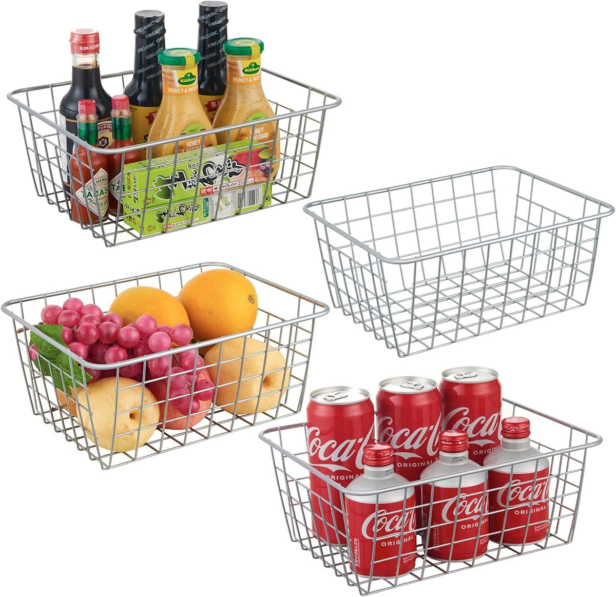 JUNCHU CHERRY Wire Kitchen Storage Basket 4 Packs,Perfect Pantry Organization Accessories Baskets,Laundry Basket,Countertop Organization,Suitable for Kitchen,Bathroom,Bedroom,Tabletop,Stackable,Chrome