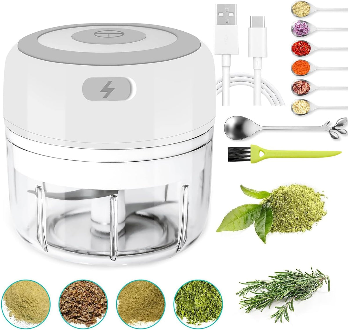 Electric Herb Grinder with Mini Scoop & Brush - 3.5-Inch 3.4oz USB Cordless, Adjustable Coarse to Fine Grind for Spices/Garlic/Herbs - Waterproof Portable Food Chopper (Green)