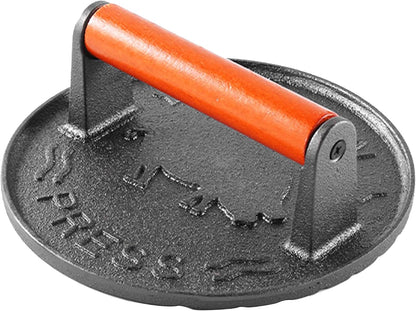 Cast Iron Burger Press, 7.2 inch Round, Wood Handle