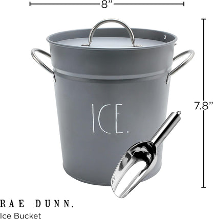 Rae Dunn Ice Bucket with Scoop - Stainless Steel Bucket with Handle, Lid and Ice Scooper - 4 Qt. Storage Bin for Ice Cubes for Bars, Parties, Backyard Barbeques, Picnics, and Camping (Black)