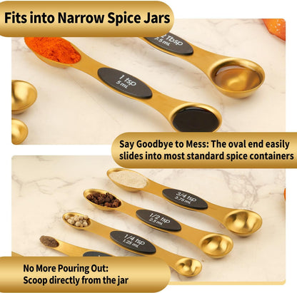Magnetic Measuring Spoons Set Stainless Steel with Leveler, Dual-Sided Metal Measuring Spoons for Baking & Cooking, Fits in Spice Jars, Must-have Kitchen Gadgets, 8 Measuring Spoons & 1 Leveler, Black