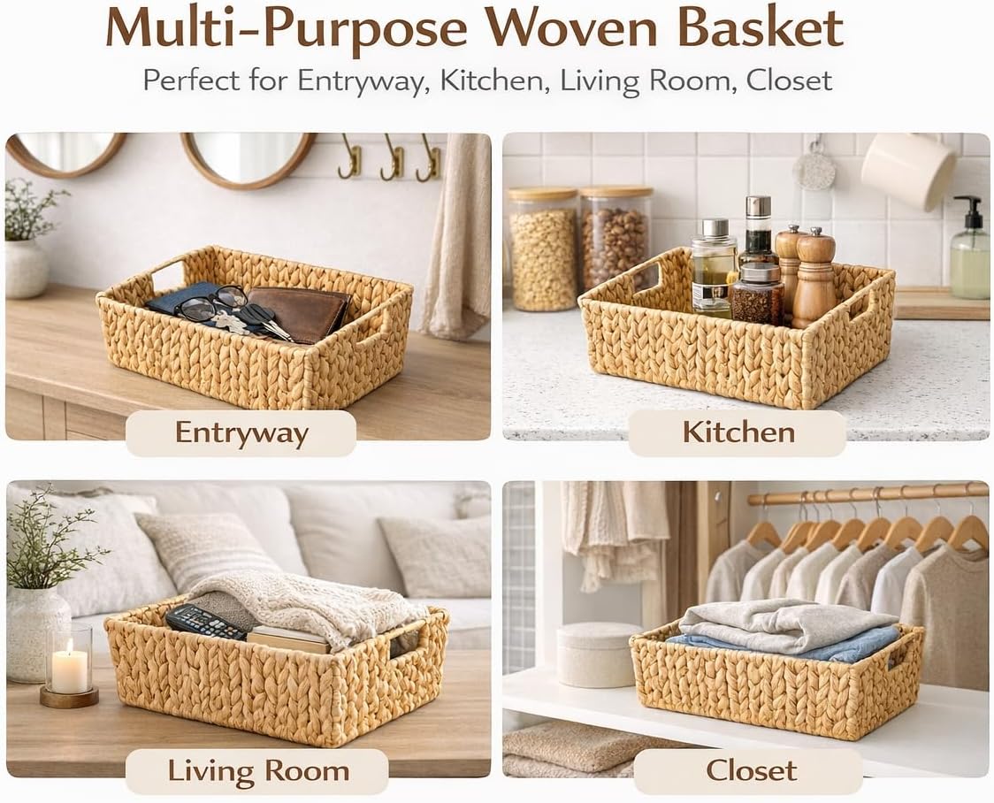 Handwoven Water Hyacinth Storage Basket with Cutout Handles – Natural Rectangular Woven Organizer for Shelves, Closets, Living Room & Home Decor