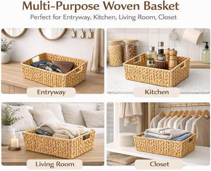 Handwoven Water Hyacinth Storage Basket with Cutout Handles – Natural Rectangular Woven Organizer for Shelves, Closets, Living Room & Home Decor