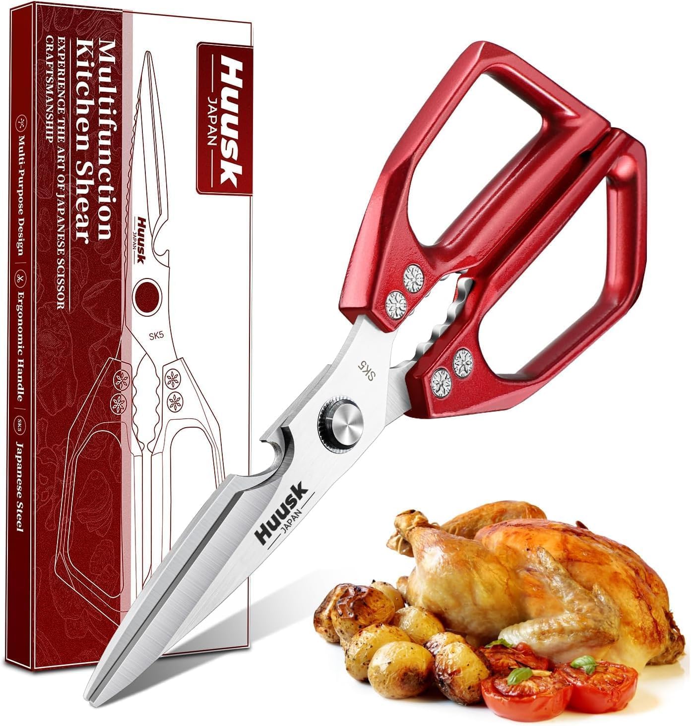 HUUSK Kitchen Scissors All Purpose - Stainless Steel Kitchen Shear, Sharp Silver Meat Scissors Dishwasher Safe, Heavy Duty Poultry Shears, Japanese Cooking Scissor for Food, Christmas Gifts for Women