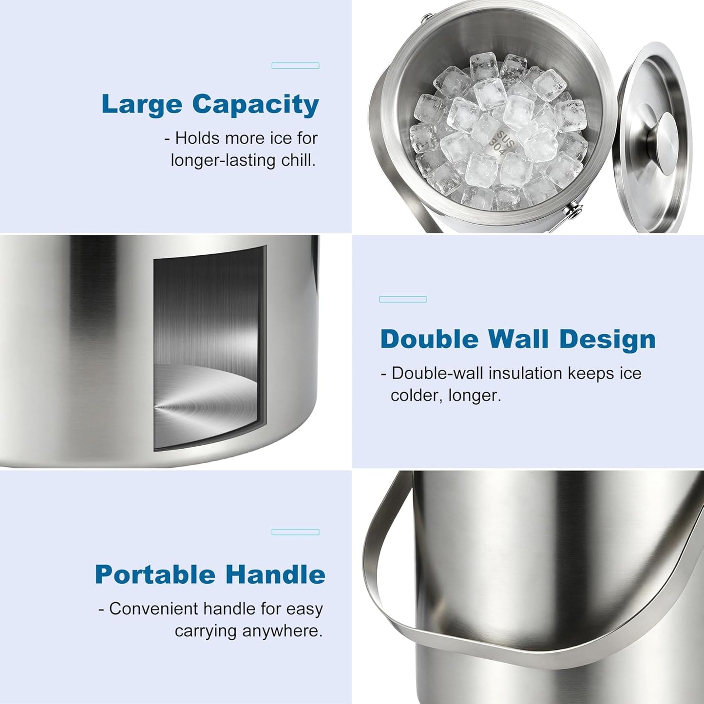 Kochorie 4L Portable Ice Buckets for Parties Double Wall Stainless Steel Ice Bucket with Lid, Scoop, Tongs, Bottle Opener Drink Vacuum Insulated Container for Freezer Cocktail Home Bar Accessories