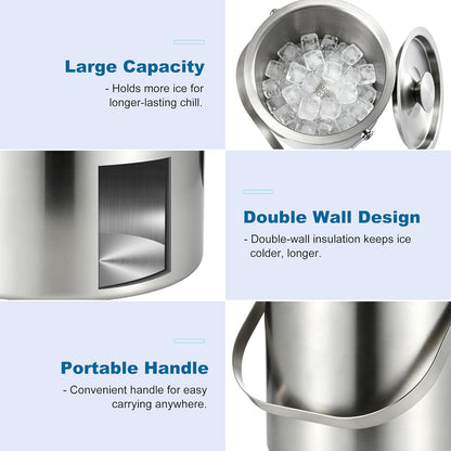 Kochorie 4L Portable Ice Buckets for Parties Double Wall Stainless Steel Ice Bucket with Lid, Scoop, Tongs, Bottle Opener Drink Vacuum Insulated Container for Freezer Cocktail Home Bar Accessories