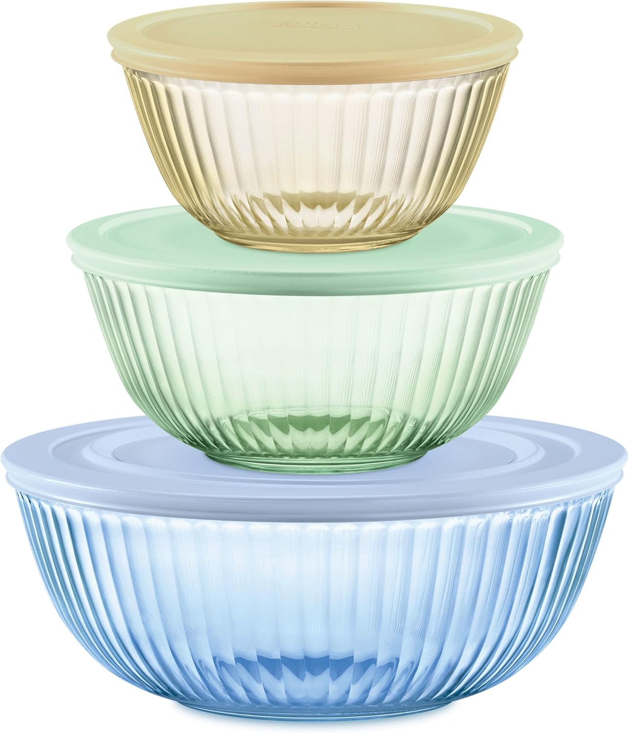 Pyrex Colors (3-Pack, Full Set) Sculpted Tinted Glass Mixing Bowls With Plastic Lids, Nesting Space Saving Set of Bowls For Prepping and Baking, 1.3QT, 2.3QT & 4.5Q, (Pink, Green, Blue)