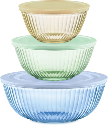 Pyrex Colors (3-Pack, Full Set) Sculpted Tinted Glass Mixing Bowls With Plastic Lids, Nesting Space Saving Set of Bowls For Prepping and Baking, 1.3QT, 2.3QT & 4.5Q, (Pink, Green, Blue)