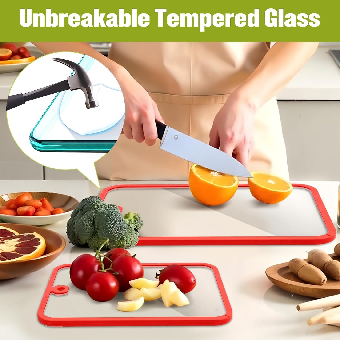 Glass Cutting Board,2Pcs Durable Clear Non Toxic Tempered Glass Cutting Board for Kitchen,Chopping Board Set with Non-Slip Silicone Edge & Hanging Hole,BPA-Free,Dishwasher Safe,Heat Proof