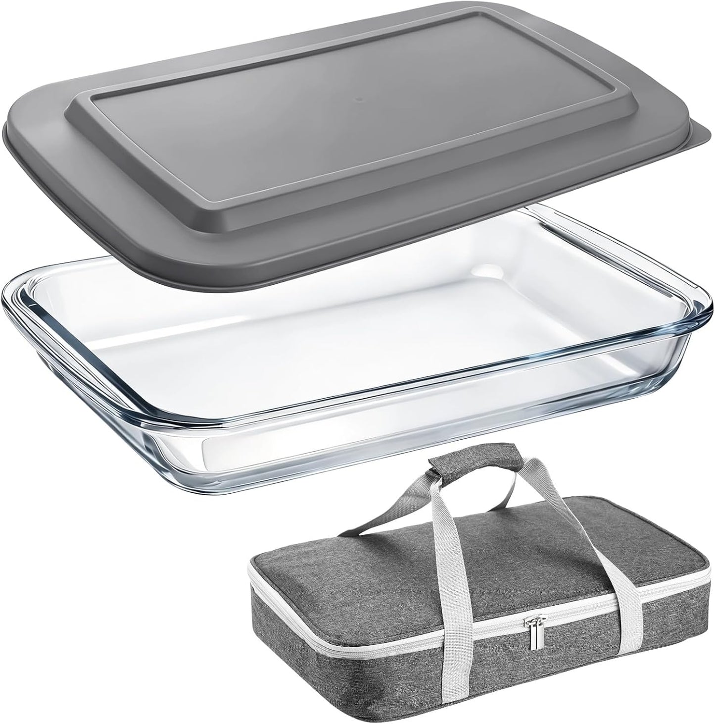 Glass Baking Dish with Lid, 9 x 13in High Borosilicate Glass Casserole with Insulated Carry Bag, Heat Resistant Food Container for Oven, Microwave, Freezer