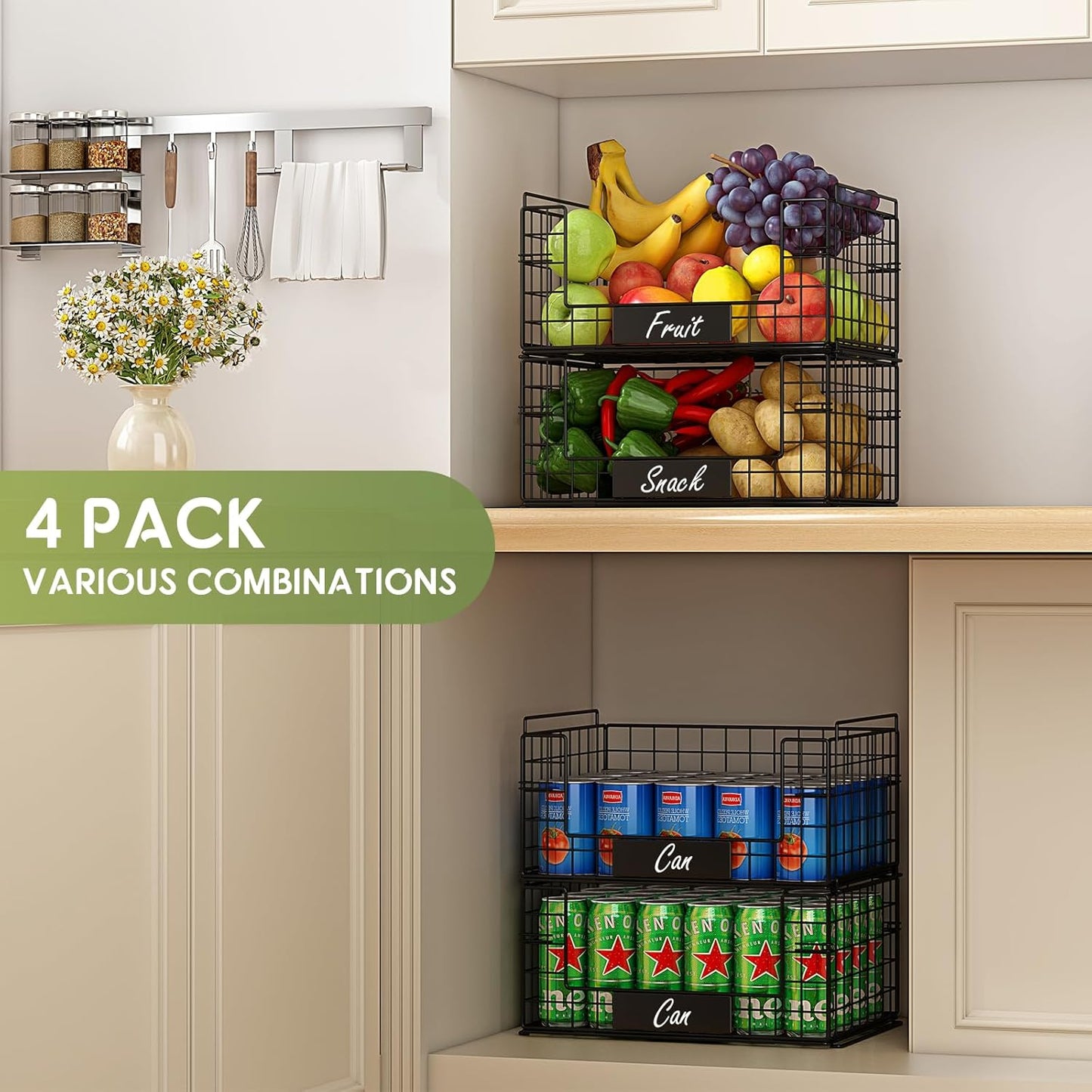 JKsmart 8-Tier Stackable Wire Basket, Can Organizer for Pantry Kitchen, XXL Metal Storage Shelves with Dividers & Handles, Easy Assembly Space Saving Storage Bins for Snacks Fruits Veggies