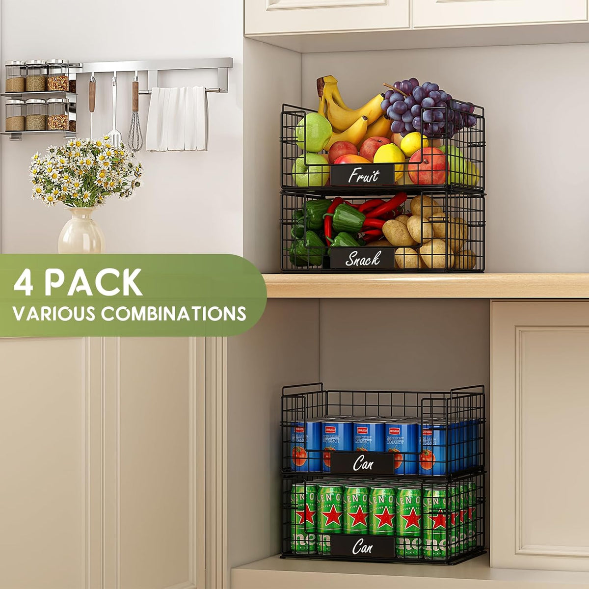 JKsmart 8-Tier Stackable Wire Basket, Can Organizer for Pantry Kitchen, XXL Metal Storage Shelves with Dividers & Handles, Easy Assembly Space Saving Storage Bins for Snacks Fruits Veggies
