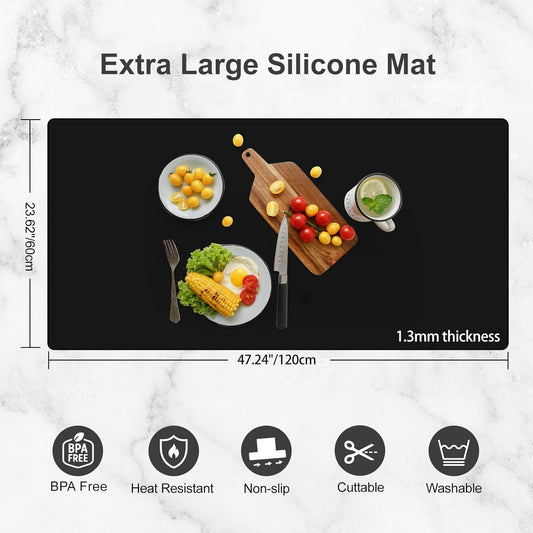 Silicone Mats for Kitchen Counter, Treerit 47.24"x 23.62" Extra Large Silicone Mat, Non-slip Heat Resistant Kitchen Counter Mat, Quartz Countertop Protector, Shipped Rolled Up, No Creases, Gray