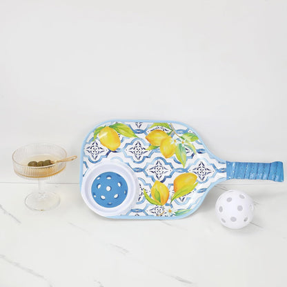 UPware Flamingo Melamine Chip and Dip Snack Tray, Tropical Floral Pickleball Paddle Shape Platter for Chips, Salsa, Fruits, and Appetizers, 15.75 x 8 Inch