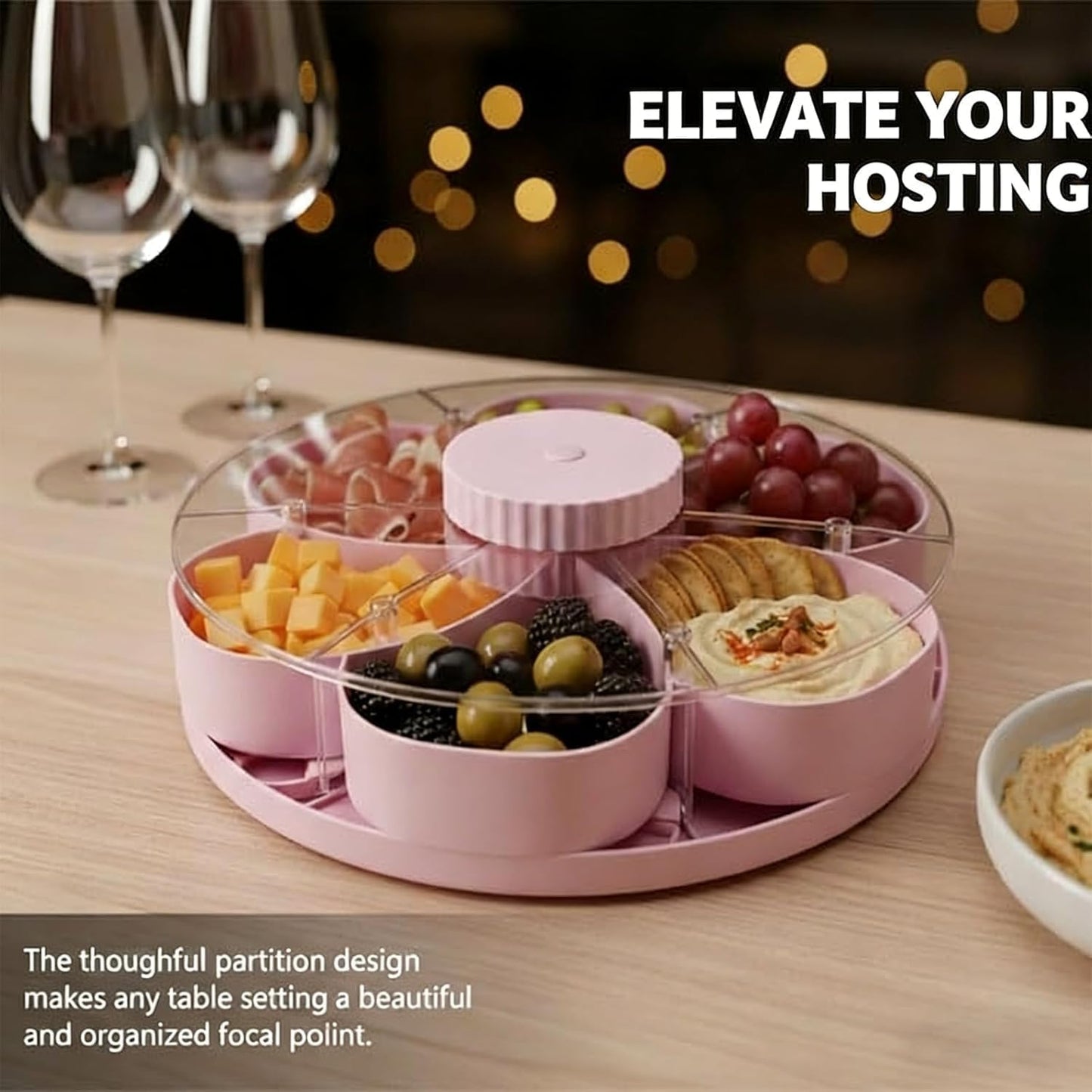 Divided Spin Snack Tray, New 5-Compartment Rotating Snack Tray, Rotating Snack Box Container with Lid, Perfect for Snacks, Fruit & Party Appetizers (Grey)