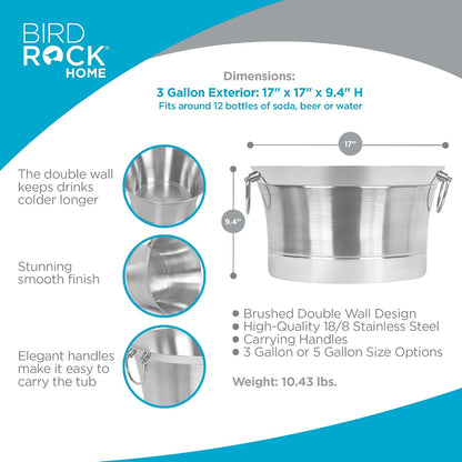 BIRDROCK HOME Double Wall Beverage Tub - Stainless Steel Ice Bucket, Metal Drink Cooler with Handles, for Parties & Events, Decorative Beverage Chiller - Large