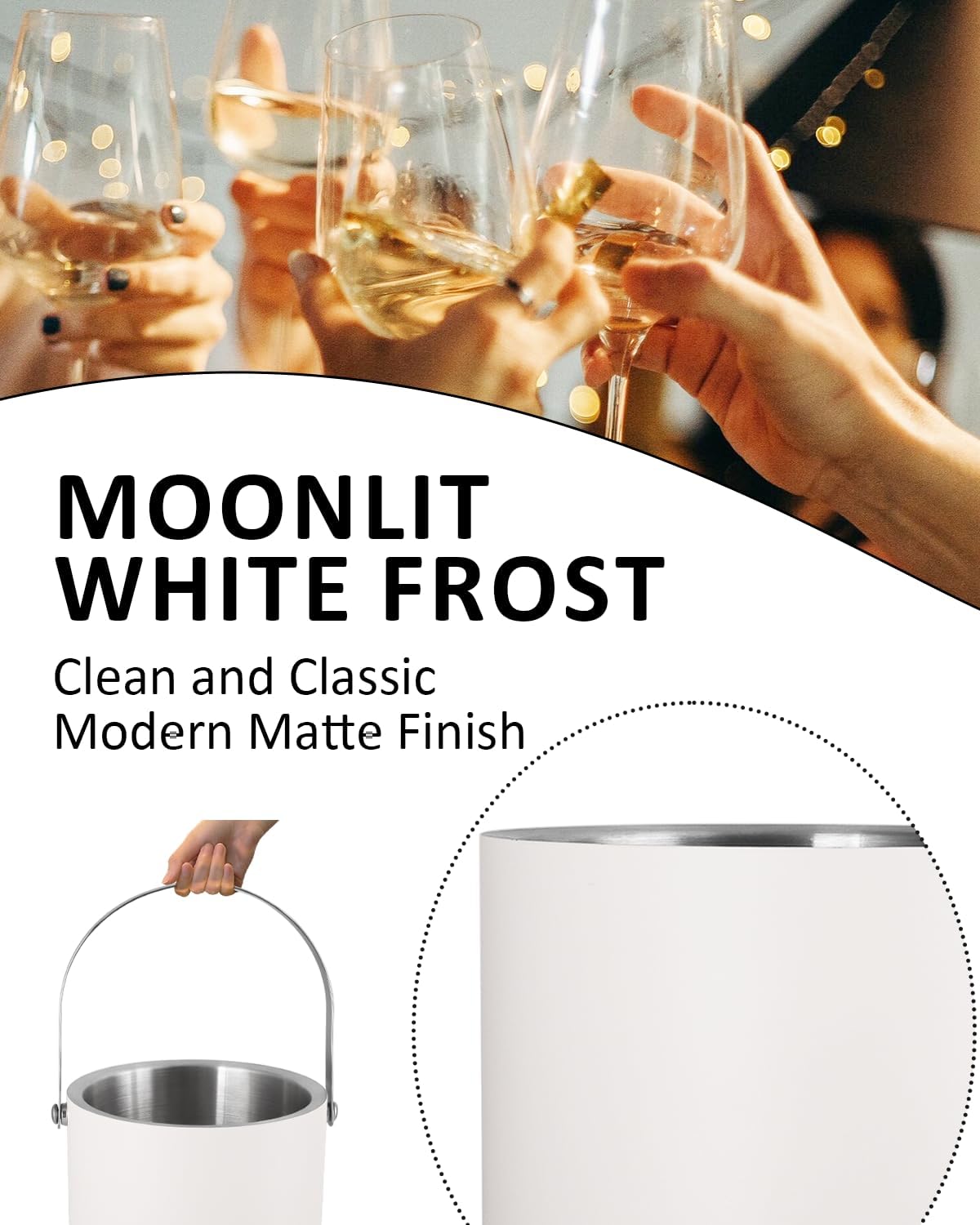 Bakpoco Insulated Ice Bucket with Silicone Lid, Scoop, Tongs & Strainer, 3L Stainless Steel Double Wall Ice Buckets for Parties & Cocktail Bar, Champagne Ice Bucket with Lid for Freezer, Ivory
