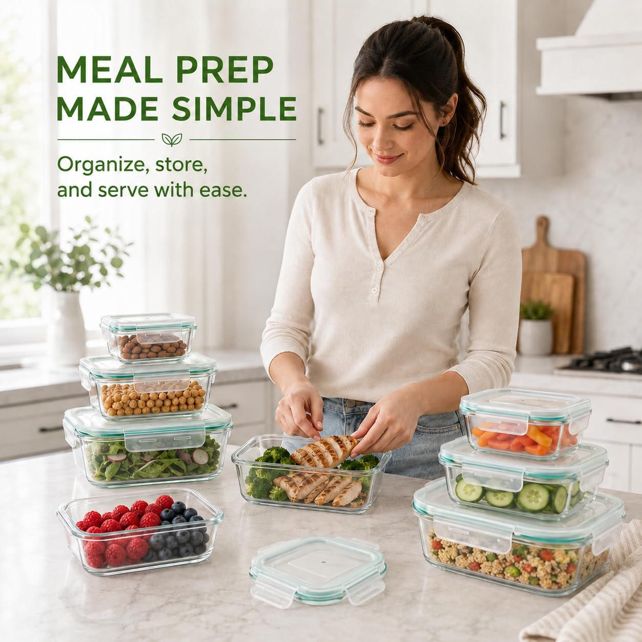 Melovom 8 Pack Glass Food Storage Containers with Lids, Airtight Glass Meal Prep Containers Set, Borosilicate Glass Food Storage Containers, BPA-Free Lids, Microwave, Oven, Freezer & Dishwasher Safe