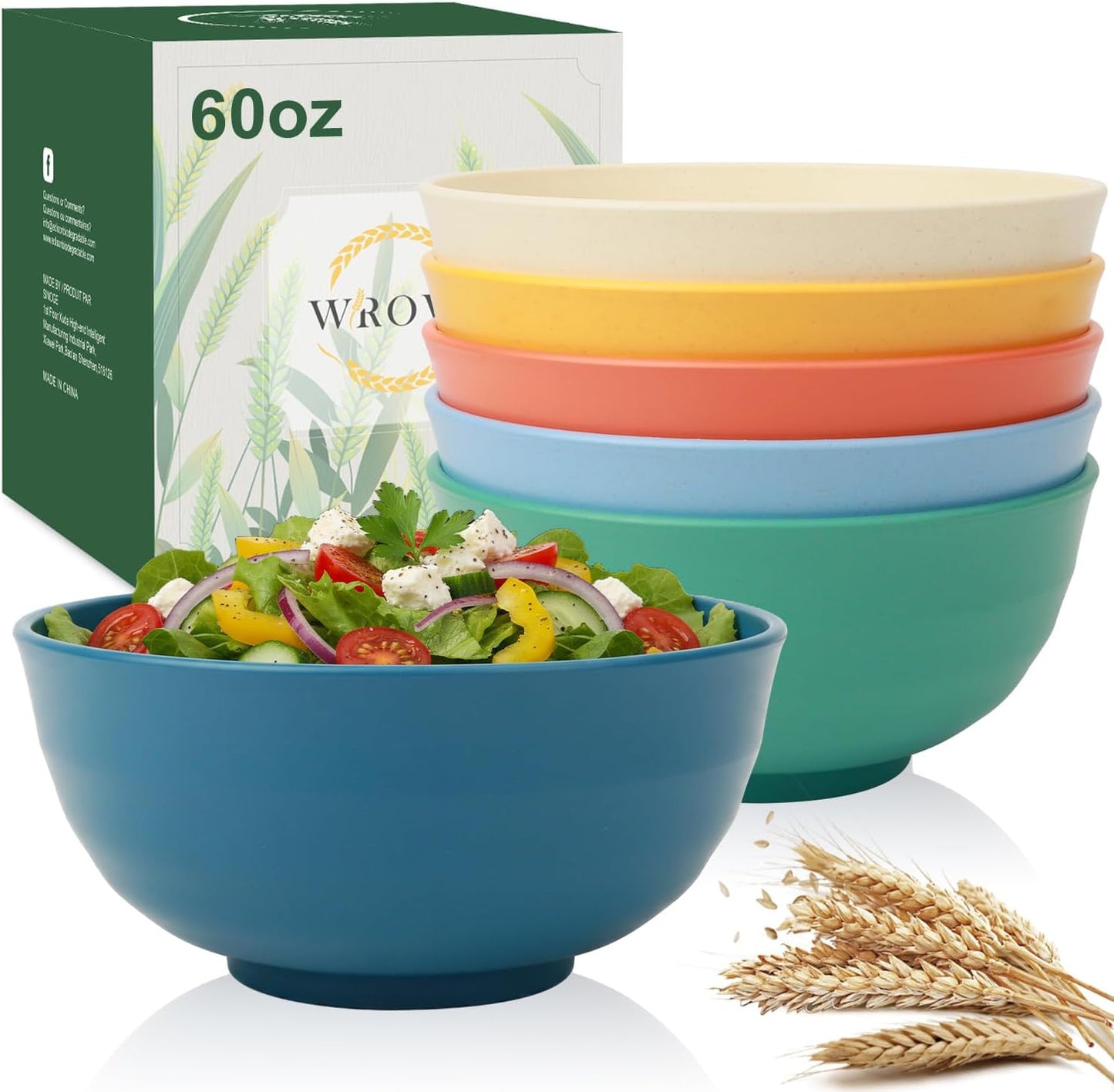 Wrova Wheat Straw Bowls for Kitchen set of 6,Anti-Scald Thick Soup Bowls 40oz,Microwave and Dishwasher Safe Bowl Sets, Unbreakable Cereal Bowl Sets. Vibrant Series