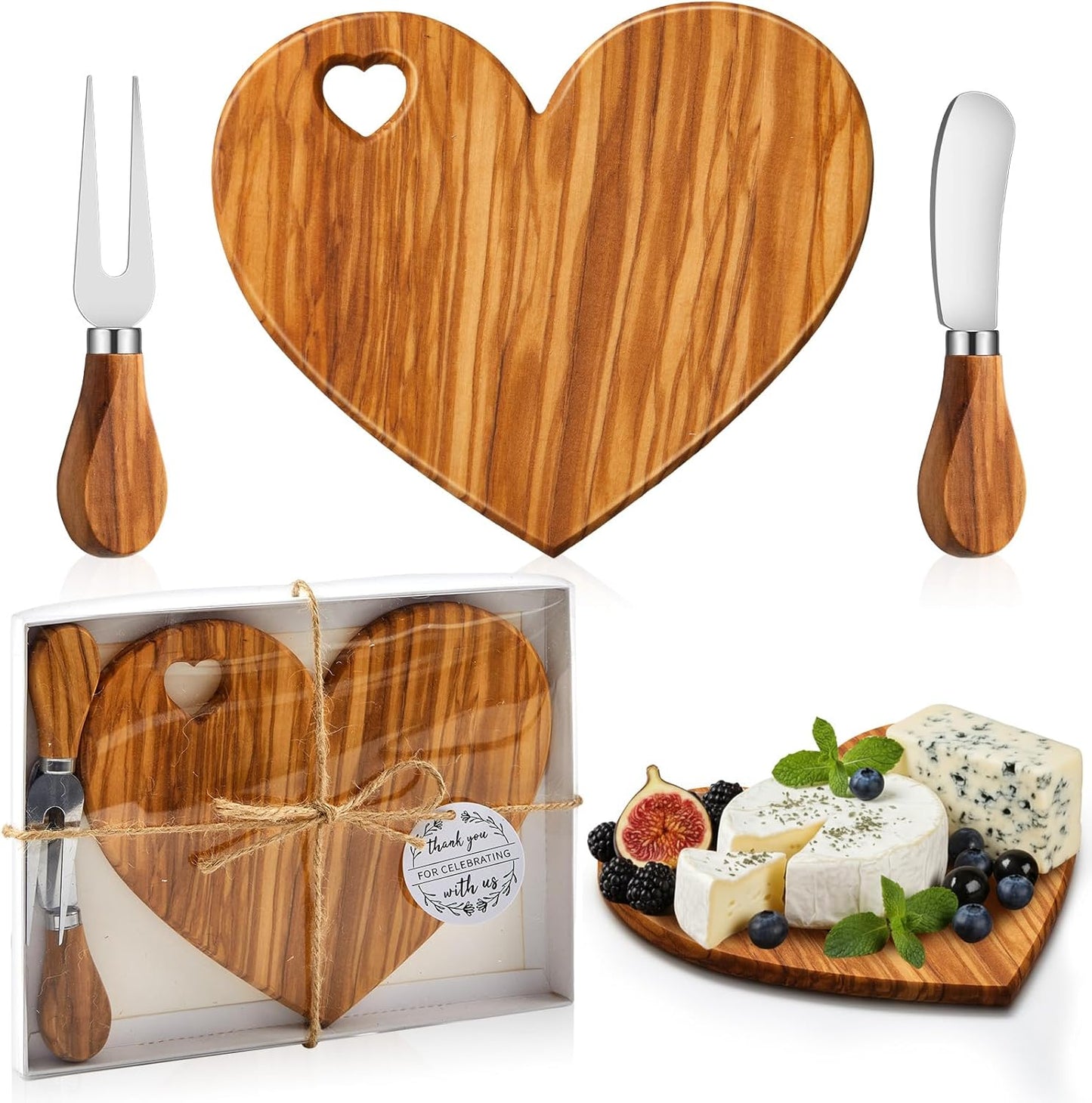 Patelai 24 Set Bridal Baby Shower Favor Heart Cheese Board with Knife, Wood Mini Charcuterie Board Thank You Gift Box for Guest Bridal Baby Shower Prize Wedding Valentines Birthday (Bamboo Color)