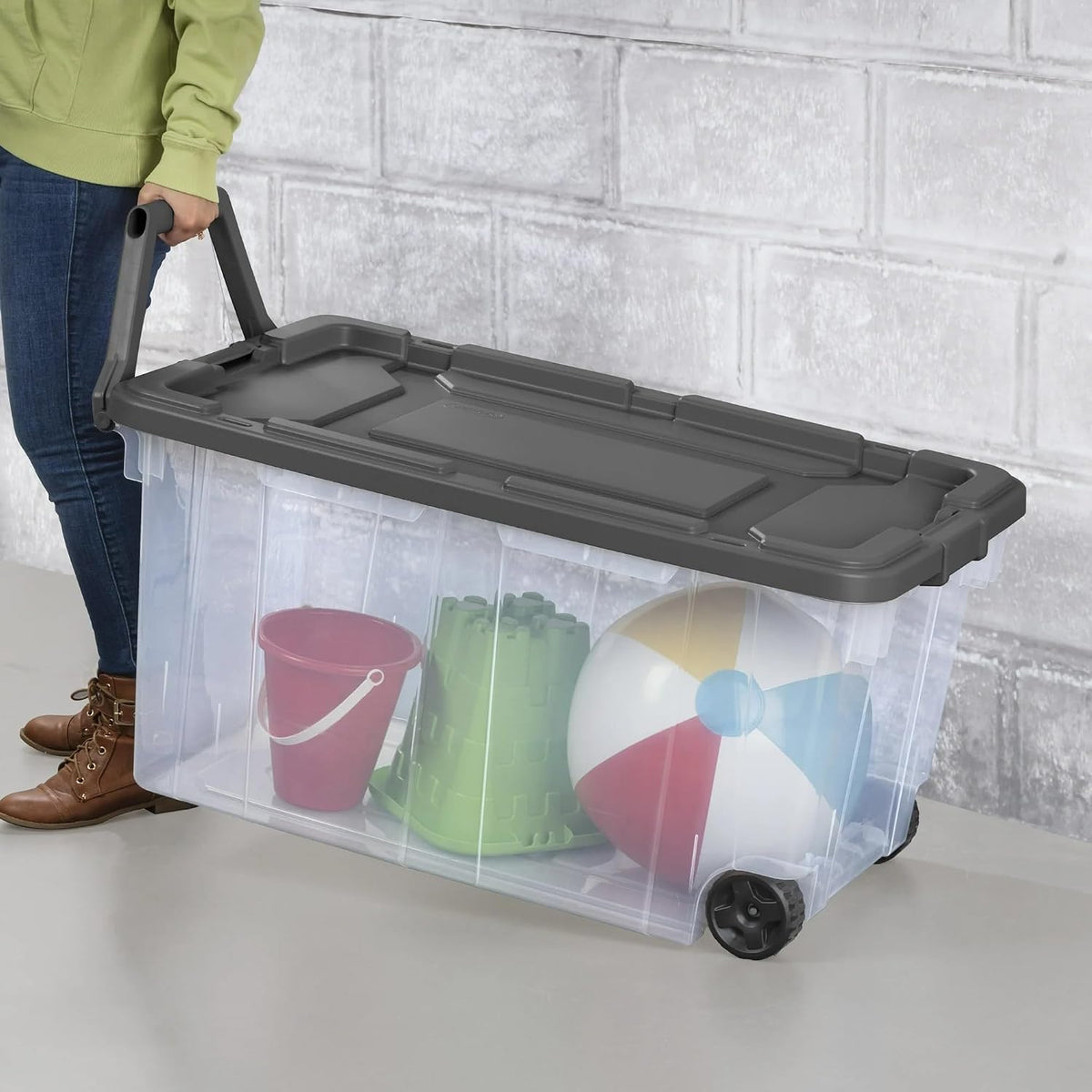 160 Quart Wheeled Storage Bin with Latch Lid, 2-Pack, Extra Large Clear Stackable Tote with Pull Handle, Gray