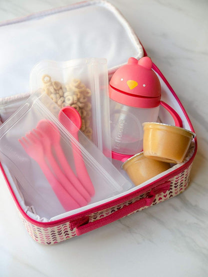 Lollaland 5 Piece Plastic Toddler Silverware Spoon and Fork Utensil Set - Reusable Toddler Cutlery With Hygienic Travel Pouch (Pink)
