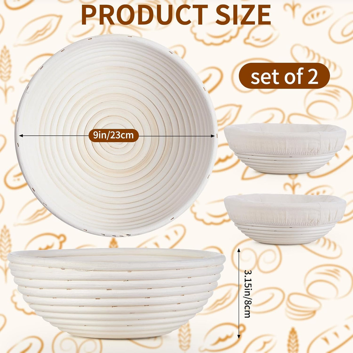 FrutPunch 9 Inch Banneton Bread Proofing Basket Set of 2, with Cloth Lining