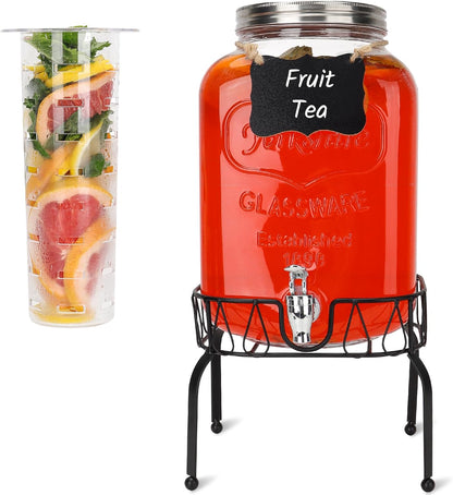 1 Gallon Glass Drink Dispensers with Wood Lid, 2 Pack Clear Beverage Dispenser with Stand and Spigot for Parties, Lemonade Dispenser with Markers and Chalkboard for BBQ, Picnic