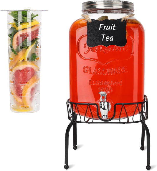 1 Gallon Glass Drink Dispensers with Wood Lid, 2 Pack Clear Beverage Dispenser with Stand and Spigot for Parties, Lemonade Dispenser with Markers and Chalkboard for BBQ, Picnic