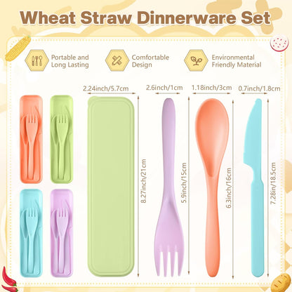 Jinei 50 Sets Reusable Travel Utensils Set with Case Wheat Straw Cutlery Portable Spoon Knife Forks Lunch Box Accessories Friendly Tableware for Kids Adults Camping Utensils(Bright)