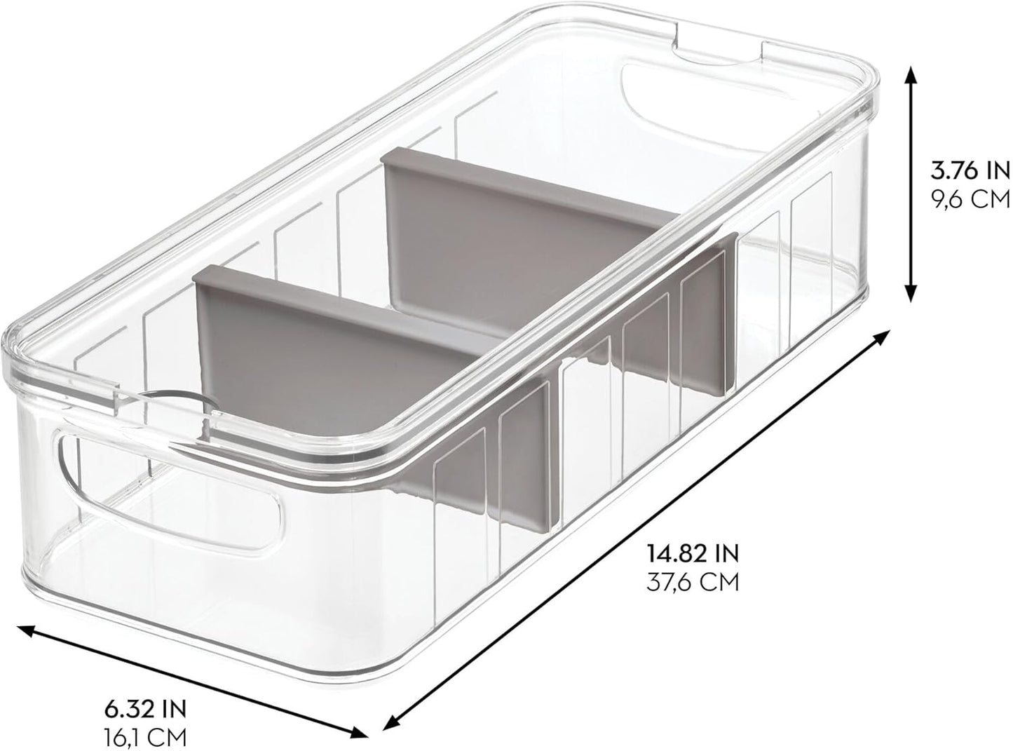 iDesign Large Fridge Organizer Bin with Removable Divider and Lid - Set of 3 - Clear/Gray