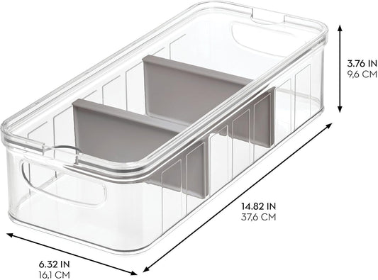 iDesign Large Fridge Organizer Bin with Removable Divider and Lid - Set of 3 - Clear/Gray