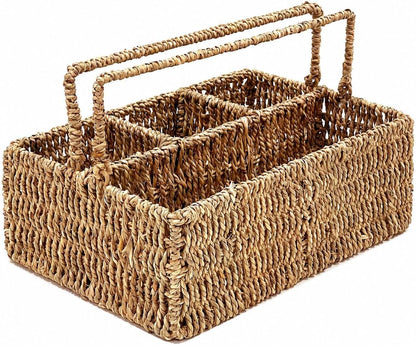 PEMAR Large L-Sized Hand Woven Utensil Caddy Carrier, Natural Jute Wicker Condiment Holder for Table, Kitchen Set Counter Top Silverware Organizer, Rustic Storage for Forks, Spoons, Seagrass