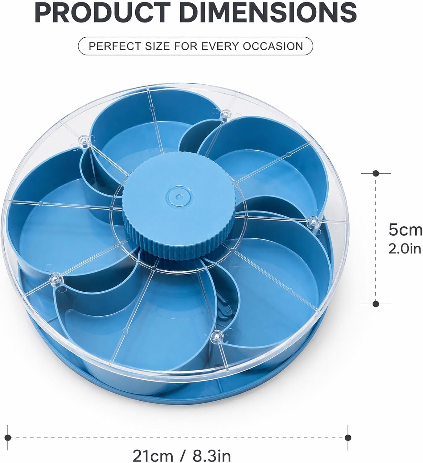 Rotating Lazy Susan Serving Tray with Lid, Portable Multi-Compartment Divided Platter for Snacks, Fruit, Nuts, and Dips- 8inch(Blue)