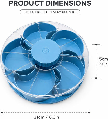 Rotating Lazy Susan Serving Tray with Lid, Portable Multi-Compartment Divided Platter for Snacks, Fruit, Nuts, and Dips- 8inch(Blue)