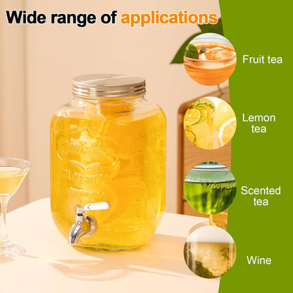 1 Gallon Glass Drink Dispensers for Parties, 2 Pack Beverage Dispenser with Stand, Fruit Infuser & Leakproof Stainless Steel Spigot, Juice Dispenser for Lemonade, Iced Tea, Sun Tea & Infused Water