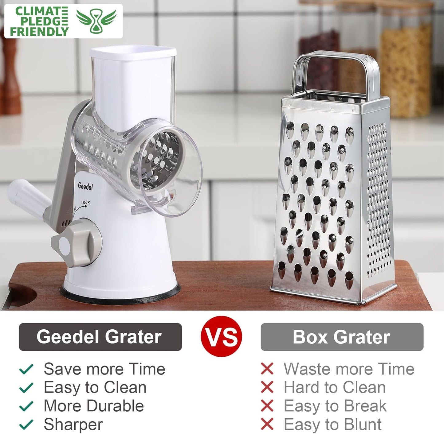 Geedel Rotary Cheese Grater, Kitchen Mandoline Vegetable Slicer with 3 Interchangeable Blades, Easy to Clean Rotary Grater Slicer for Cheese, Vegetables, Nuts