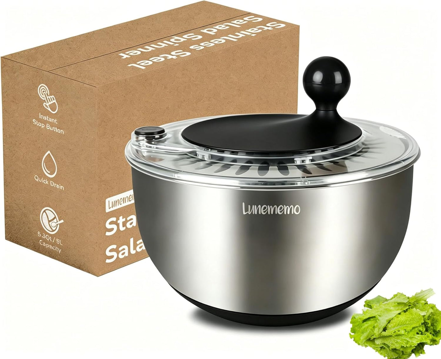 Lunememo Stainless Steel Salad Spinner, Lettuce Spinner with Drain, Non-Slip Base, Stop Button, Vegetable Dryer, BPA Free, 5.3 Qt
