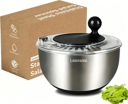 Lunememo Stainless Steel Salad Spinner, Lettuce Spinner with Drain, Non-Slip Base, Stop Button, Vegetable Dryer, BPA Free, 5.3 Qt