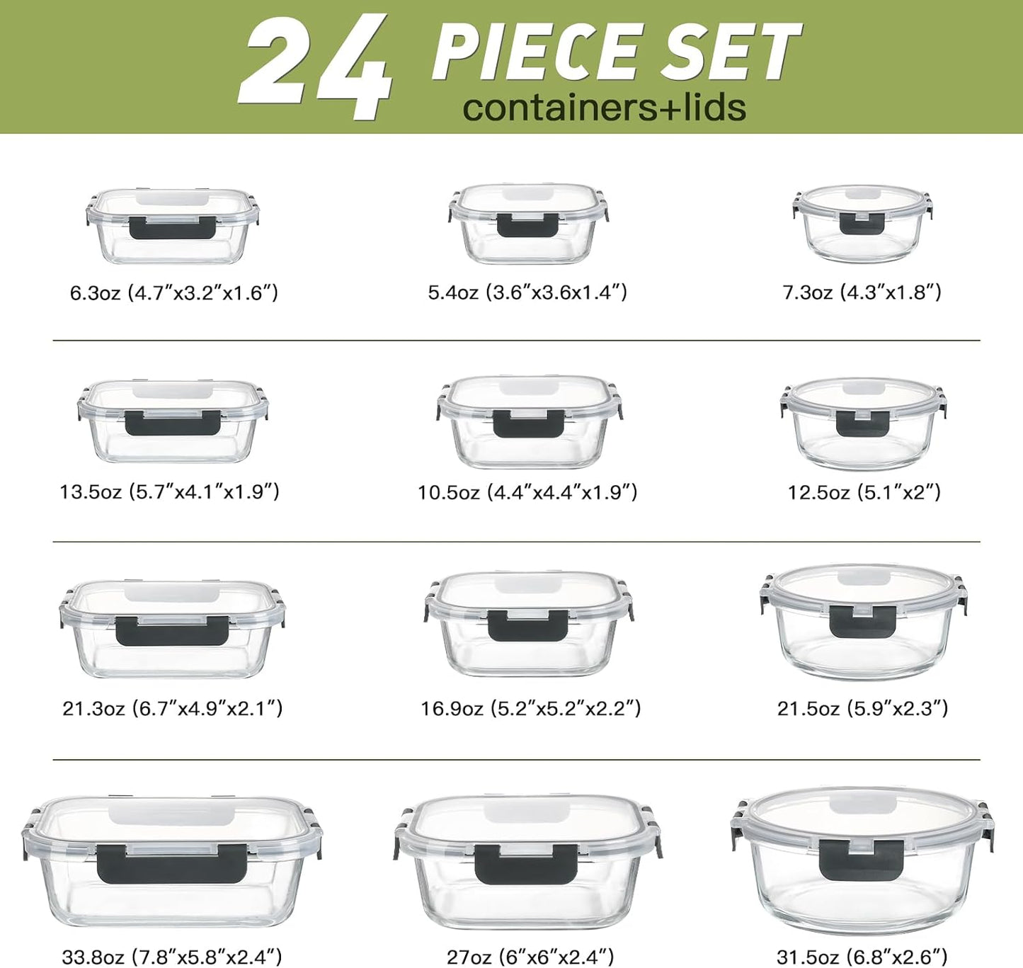 BAYZZ 24 Piece Glass Food Storage Containers with Lids, Airtight Glass Meal Prep Containers for Kitchen, BPA-Free Lunch Box, Microwave and Freezer Safe
