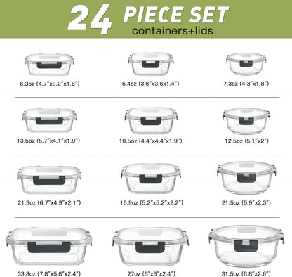 BAYZZ 24 Piece Glass Food Storage Containers with Lids, Airtight Glass Meal Prep Containers for Kitchen, BPA-Free Lunch Box, Microwave and Freezer Safe
