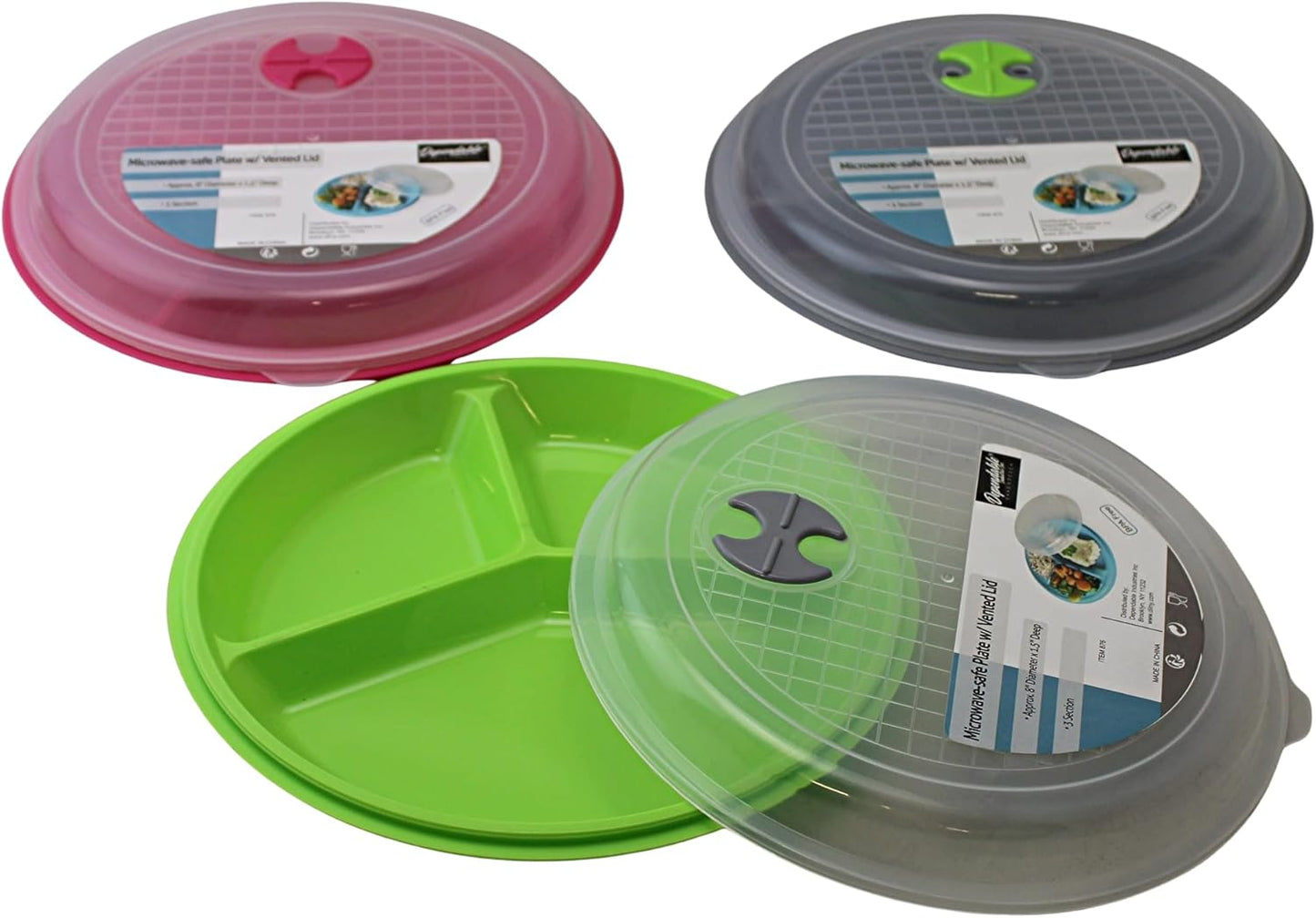 4-Pack Divided Microwave Plates with Vented Lids – BPA-Free, Stackable Meal Prep Plates – 3 Section Food Storage – Microwave, Freezer & Dishwasher Safe – 8.75” x 8.75”