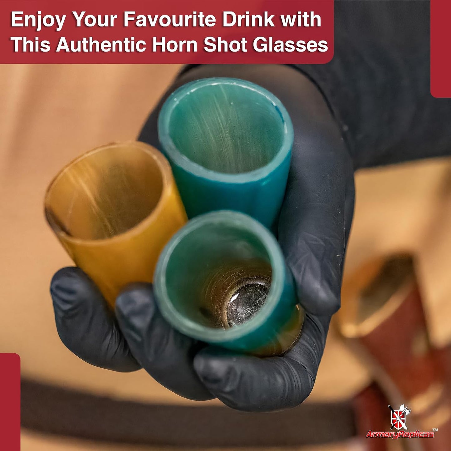 Armory Replicas™ 3-Piece Buffalo Drinking Horn Set – Handmade Natural Horn Cups with Earth Design, Viking Style Mead Ale Wine Cups for Feasts, Parties & Collectors