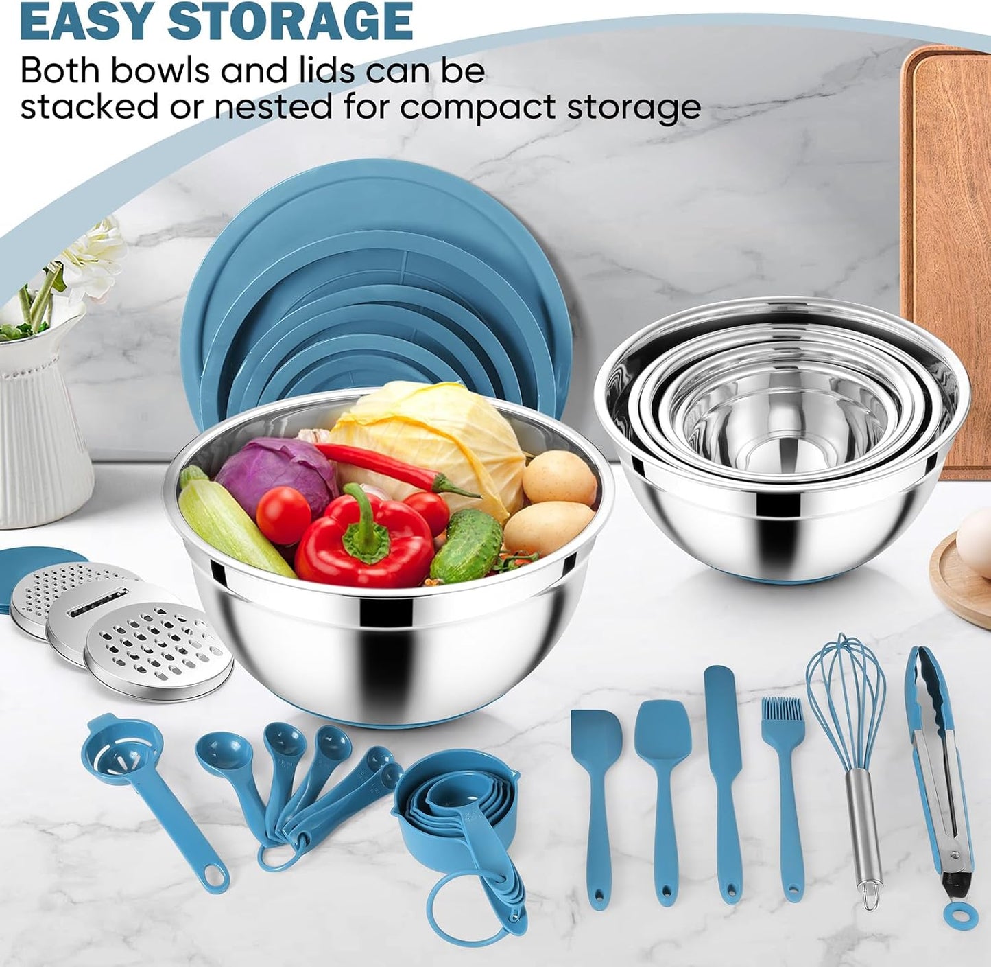 E-far 25PCS Mixing Bowls with Lid Set, Stainless Steel Nesting Prep Bowls with Grater Attachments Non-Slip Bottoms for Cooking, Serving, Food Storage, 4.6/2.6/2/1.5/1/0.7QT - Khaki
