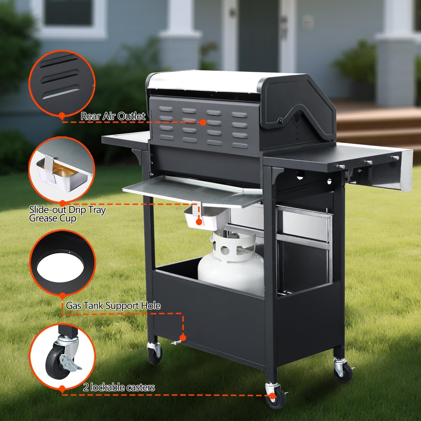 69000 BTU Output Propane Gas Grill with Side Burner and 6 Main Burners - Double-layer Stainless Steel Lid, Cast Iron Grids and Plate, Easy-Clean Grease Management for Perfect BBQs
