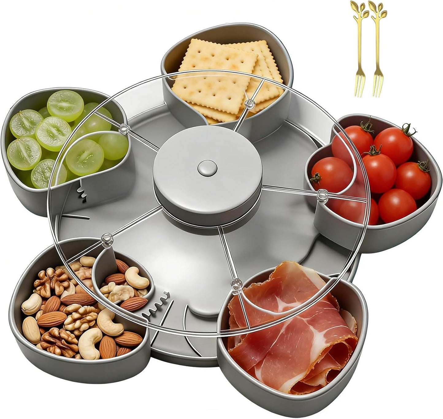 Divided Spin and Snack Serving Tray with Lid, Lazy Susan Rotating Sectional Platter for Parties, Movie Nights & RV, Multi-Compartment Charcuterie Board Organizer for Fruit, Nuts, Veggies & Dips (Gray)