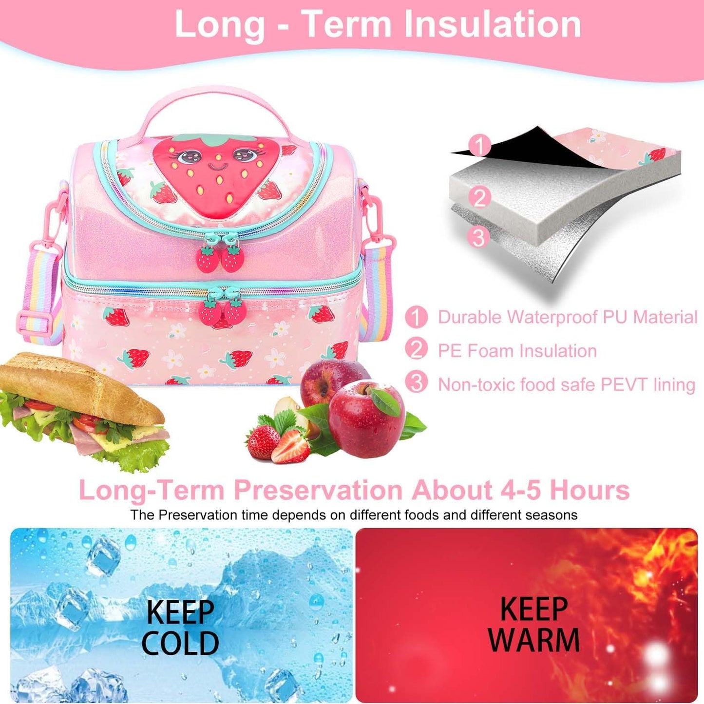 RHCPFOVR Kids Lunch Bag - Double - Decker Cooler Insulated Lunch Box for Boys Girls,Washable Lunch Bag with Strap and Reusable Toddler Lunchbox for School and Daycare