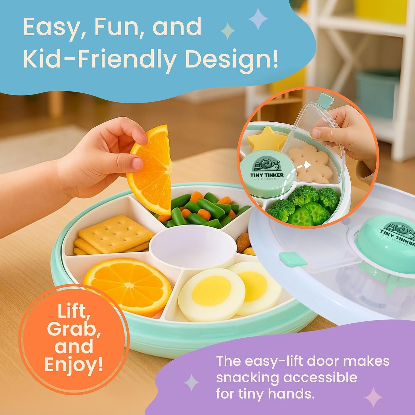 Snack Container for Toddlers with Lid, 5-Compartment BPA-Free Toddler Snack Spinner – Non Toxic, Leak-Proof, Easy Open, Dishwasher Safe Travel Snack Box for Toddlers (Mint Green)